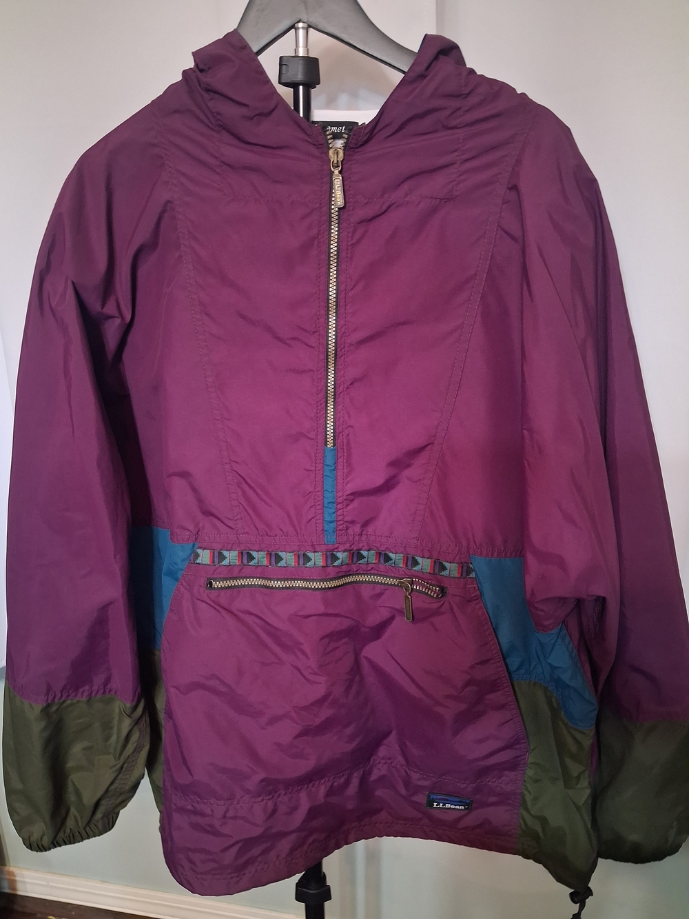 L.L. Bean Plum Hooded Windbreaker with Teal & Olive Accents